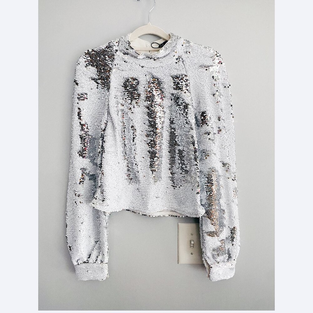 Zara Sequin Sweatshirt – Size Small, Silver/White Reversible Sequins